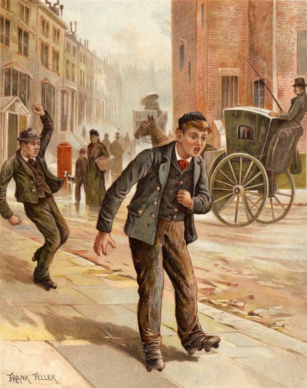 Wątpliwy zwrot, chłopiec na rolkach (chromolitho) autorstwa Frank Feller
