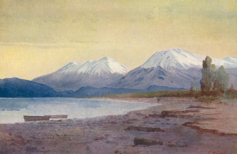 Nowa Zelandia: U stóp jeziora Te-Anau (kolorowa litografia) autorstwa Frank H Wright