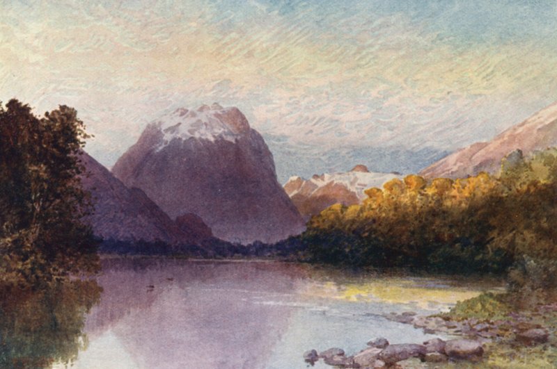 Nowa Zelandia: Na czele jeziora Te-Anau (kolorowa litografia) autorstwa Frank H Wright