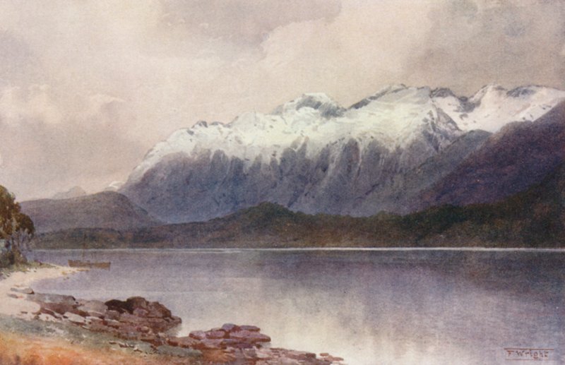 Nowa Zelandia: Cathedral Peaks (kolorowa litografia) autorstwa Frank H Wright