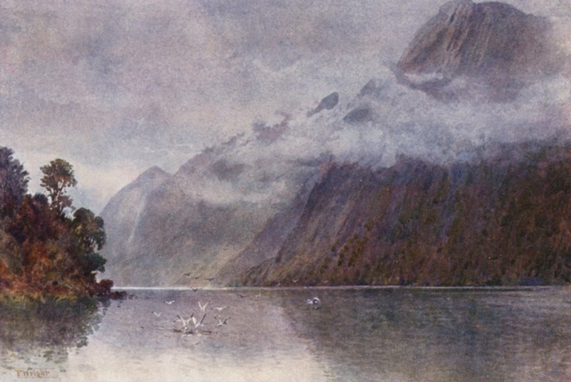 Nowa Zelandia: W Milford Sound (kolorowa litografia) autorstwa Frank H Wright