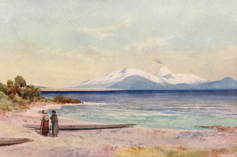 Nowa Zelandia: Jezioro Taupo (kolorowa litografia) autorstwa Frank H Wright