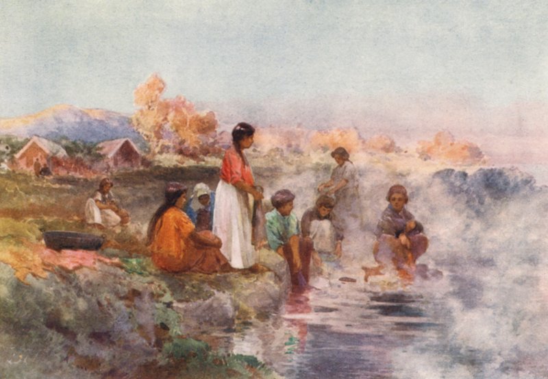 Nowa Zelandia: Maori Washing-day, Ohinemutu (kolorowa litografia) autorstwa Frank H Wright