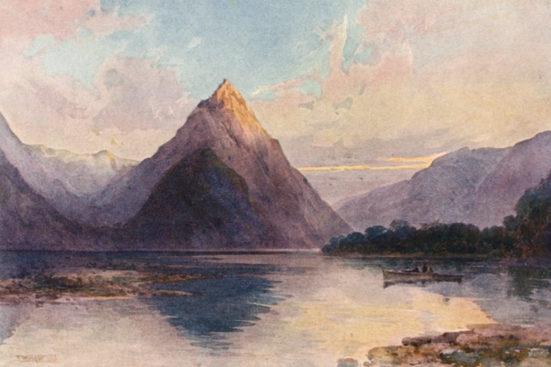 Nowa Zelandia: Mitre Peak (kolorowa litografia) autorstwa Frank H Wright