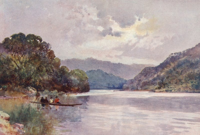 Nowa Zelandia: Poranek nad rzeką Wanganui (kolorowa litografia) autorstwa Frank H Wright