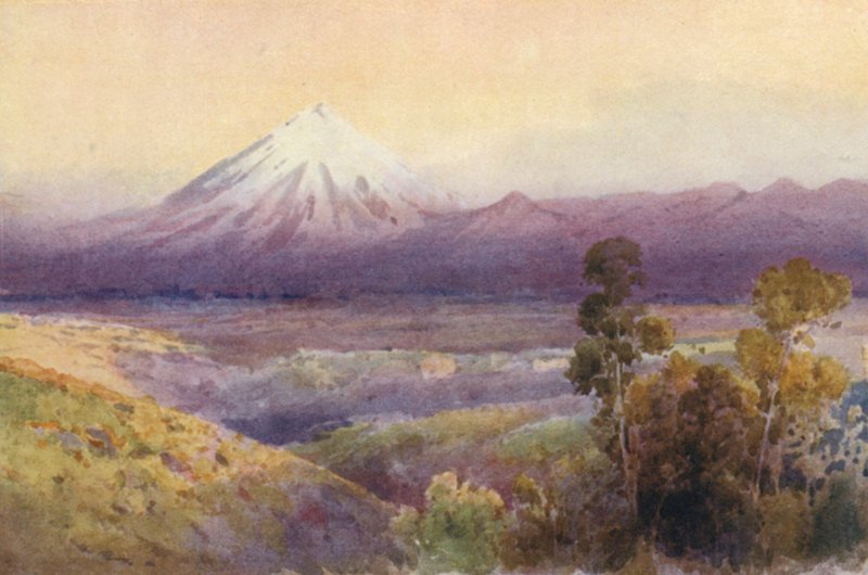 Nowa Zelandia: Góra Egmont (kolorowa litografia) autorstwa Frank H Wright