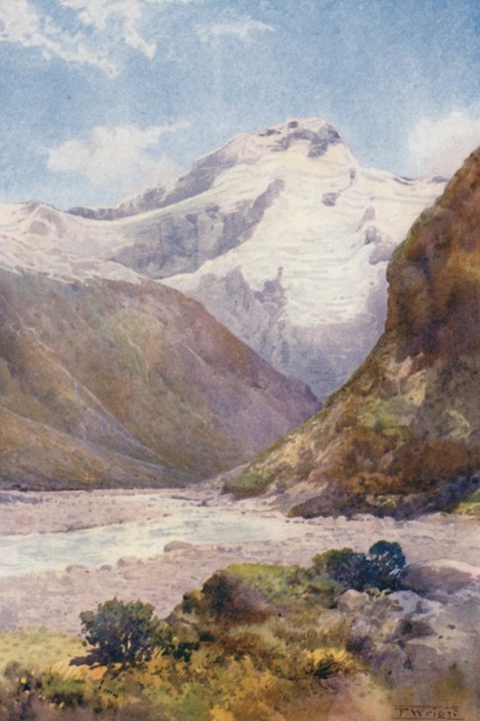 Nowa Zelandia: Mount Sefton (kolorowa litografia) autorstwa Frank H Wright