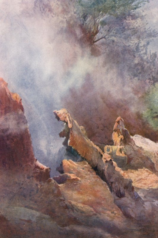 Nowa Zelandia: "Smocza paszcza" (kolorowa litografia) autorstwa Frank H Wright