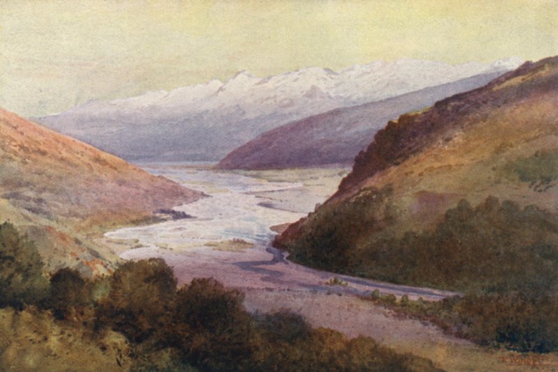 Nowa Zelandia: Dolina Rees i pasmo Richardson (kolorowa litografia) autorstwa Frank H Wright