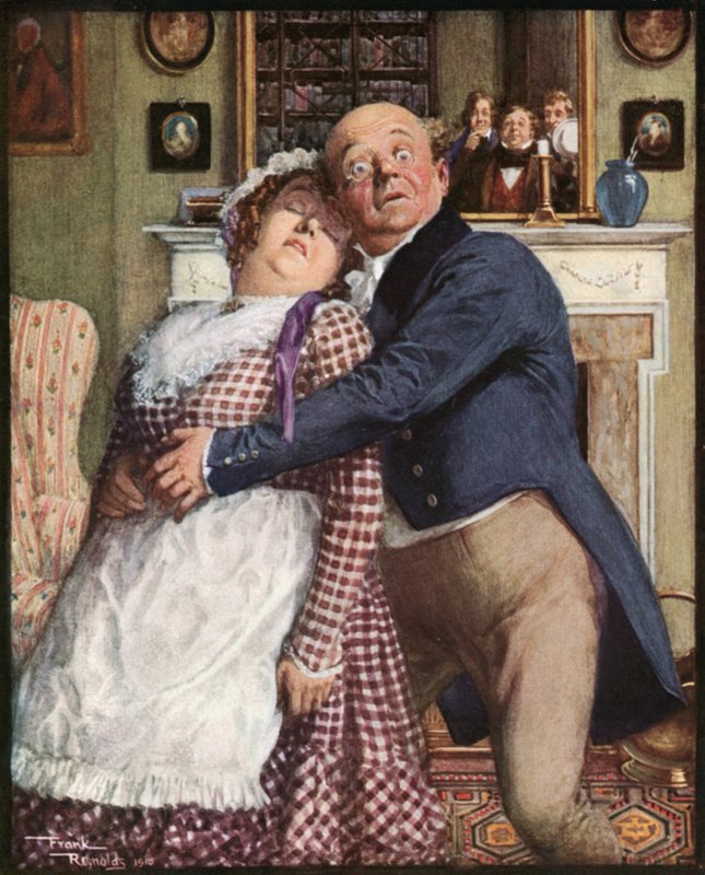 Pan Pickwick przechodzi trudne doświadczenie (kolorowa litografia) autorstwa Frank Reynolds