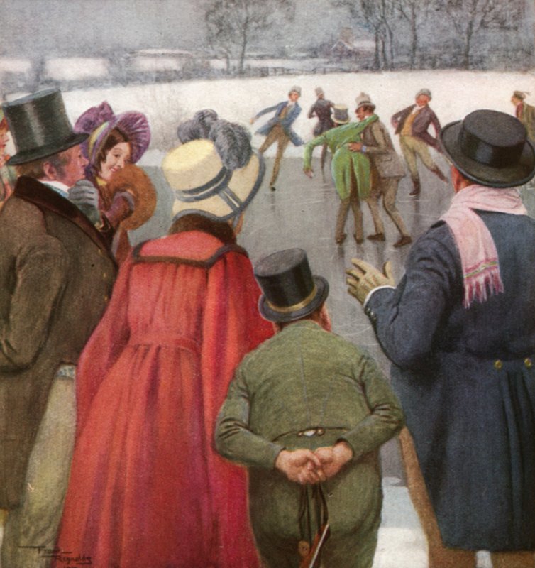 The Pickwickians Disport themselves on the Ice (kolorowa litografia) autorstwa Frank Reynolds