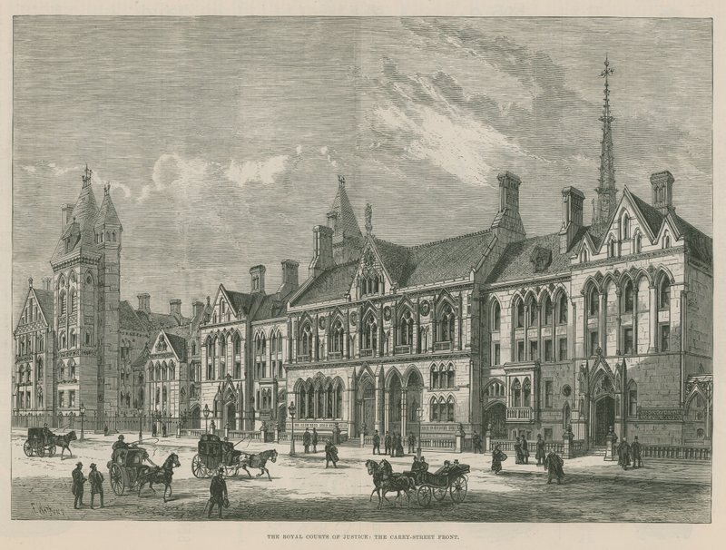 The Royal Courts of Justice: Front Carey Street (grawerowanie) autorstwa Frank Watkins