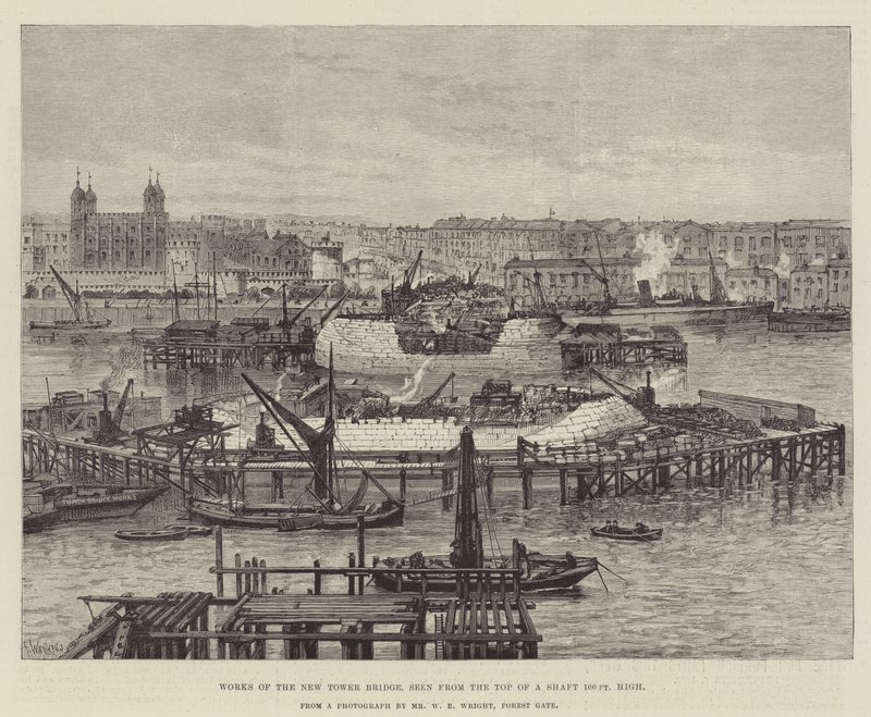 Prace nowego mostu Tower Bridge, widziane ze szczytu szybu o wysokości 100 stóp autorstwa Frank Watkins