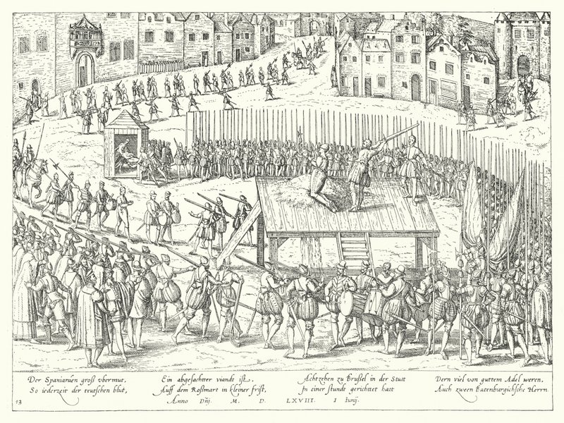 Egzekucja hrabiów Egmont i Horn w Brukseli, 1568 autorstwa Franz Hogenberg
