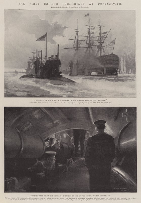 Pierwsze brytyjskie okręty podwodne w Portsmouth autorstwa Fred T. Jane