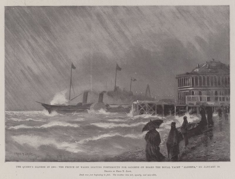 Choroba królowej w 1901 roku, książę Walii opuszcza Portsmouth do Osborne na pokładzie Royal Yacht Alberta, w dniu 19 stycznia autorstwa Fred T. Jane