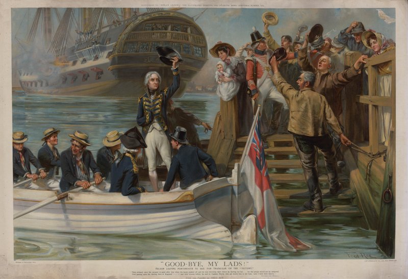 Nelson opuszcza Portsmouth, aby popłynąć do Trafalgar na „Victory” (chromolitho) autorstwa Fred Roe