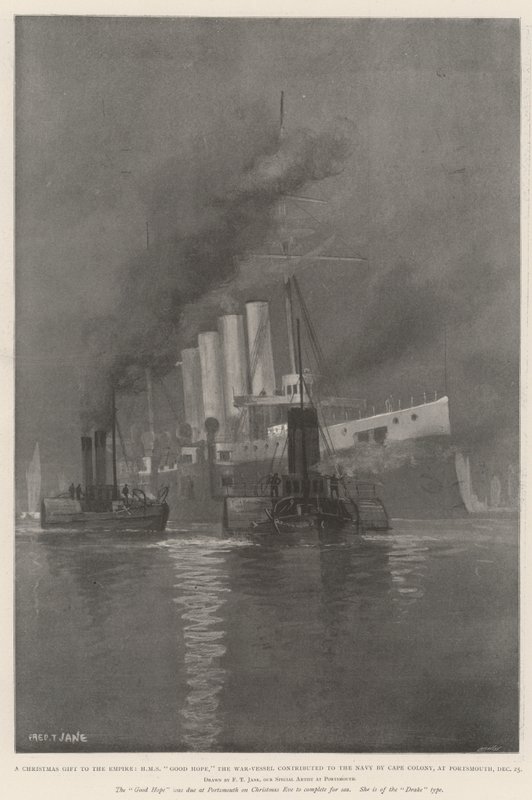 Świąteczny prezent dla Imperium, HMS Good Hope, statek wojenny wniesiony do marynarki przez Cape Colony, w Portsmouth, 25 grudnia autorstwa Fred T. Jane
