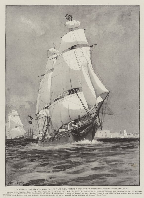 Dotyk starego morskiego życia, HMS Active i HMS Volage wypływają z Portsmouth tylko pod żaglami autorstwa Fred T. Jane