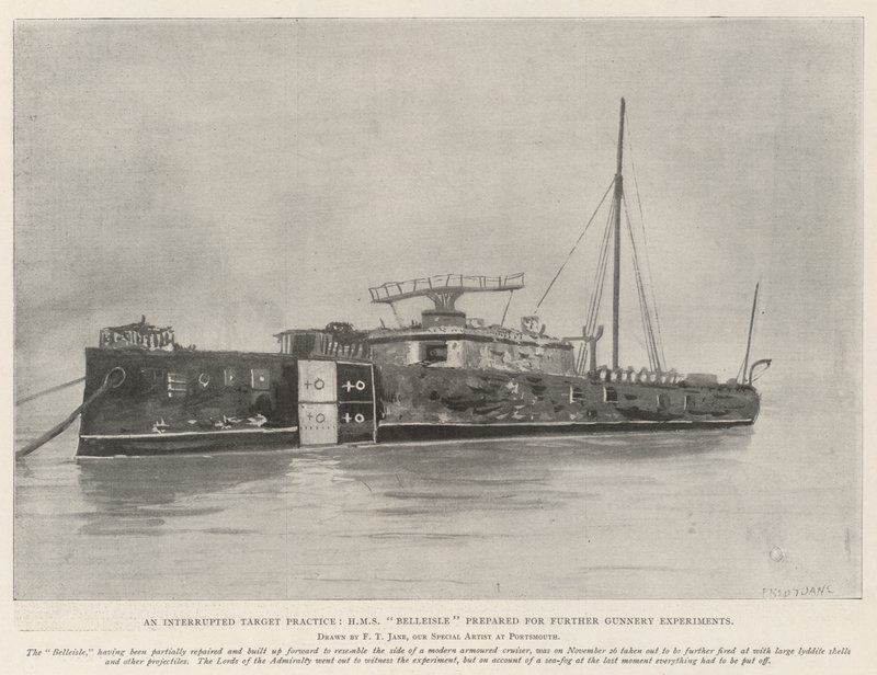 Przerwana praktyka celownicza, HMS Belleisle przygotowywał się do dalszych eksperymentów artyleryjskich autorstwa Fred T. Jane