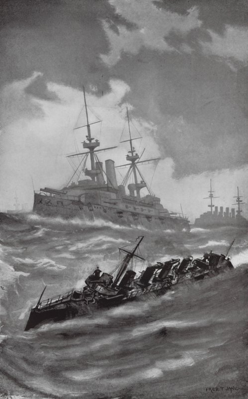 HMS Mars, Terrible i Dragon podczas rejsu w kanale La Manche (litografia) autorstwa Fred T. Jane