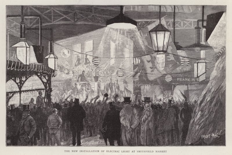 Nowa instalacja oświetlenia elektrycznego na Smithfield Market w Londynie autorstwa Fred T. Jane