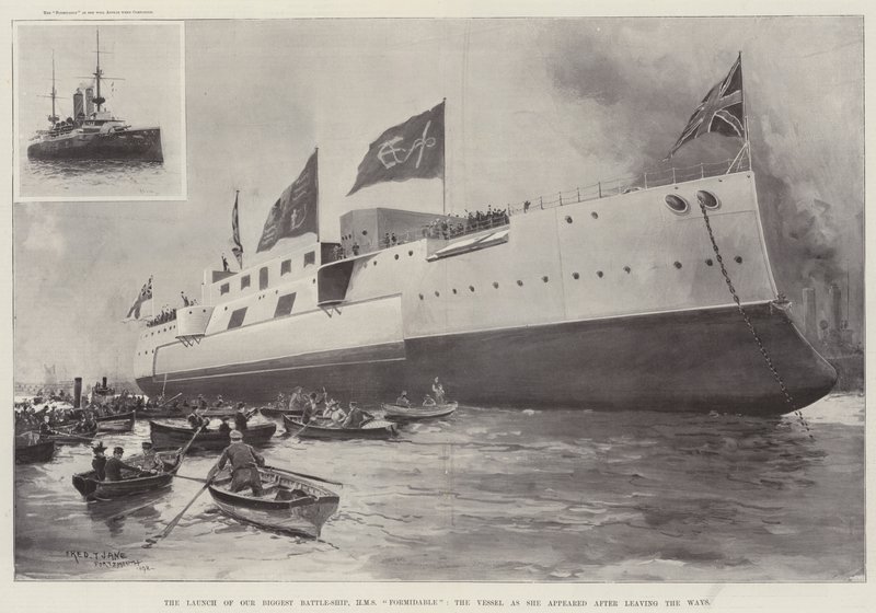 Wystrzelenie naszego największego pancernika, HMS Formidable, statku, który pojawił się po opuszczeniu Ways autorstwa Fred T. Jane