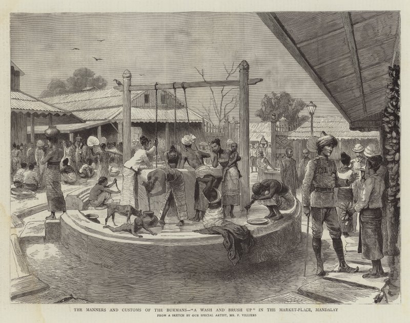 Obyczaje i zwyczaje Birmanów, Umycie i odświeżenie na rynku, Mandalay autorstwa Frederic Villiers