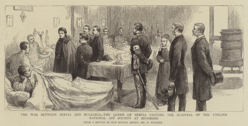 Wojna między Serbią a Bułgarią, wizyta królowej Serbii w szpitalu Angielskiego Narodowego Towarzystwa Pomocy w Belgradzie autorstwa Frederic Villiers