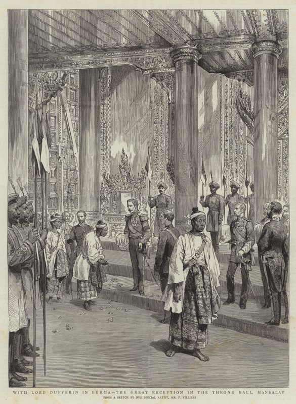 Z Lordem Dufferinem w Birmie, Wielkie Przyjęcie w Sali Tronowej, Mandalay autorstwa Frederic Villiers