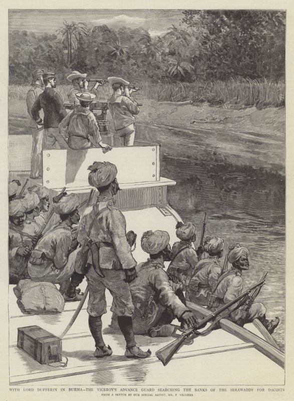 Z lordem Dufferinem w Birmie, straż przyboczna wicekróla przeszukuje brzegi Irrawaddy w poszukiwaniu dakoitów. autorstwa Frederic Villiers