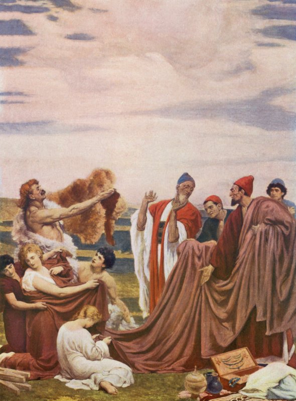 Feniccy kupcy na wybrzeżu Wielkiej Brytanii (kolorowa litografia) autorstwa Frederic (after) Leighton