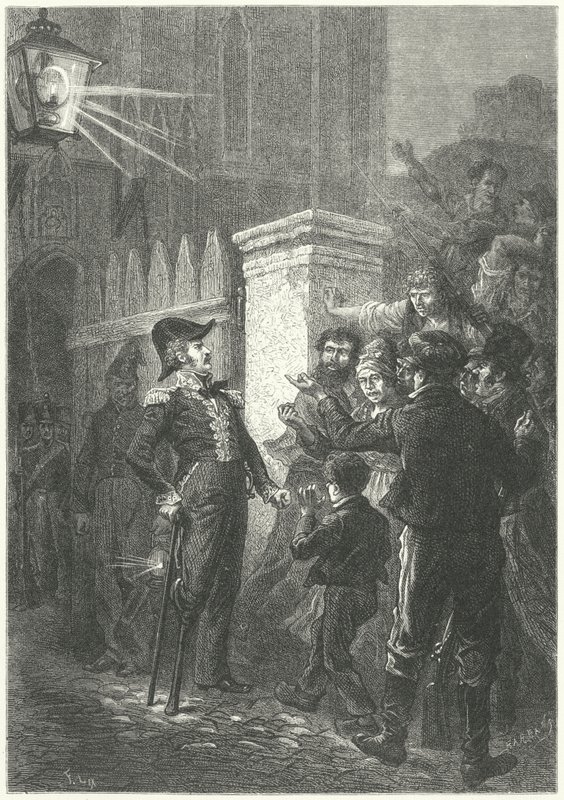 Generał Daumesnil konfrontuje się z paryskim motłochem przed Chateau de Vincennes podczas rewolucji francuskiej 1830 (rycina) autorstwa Frederic Theodore (after) Lix