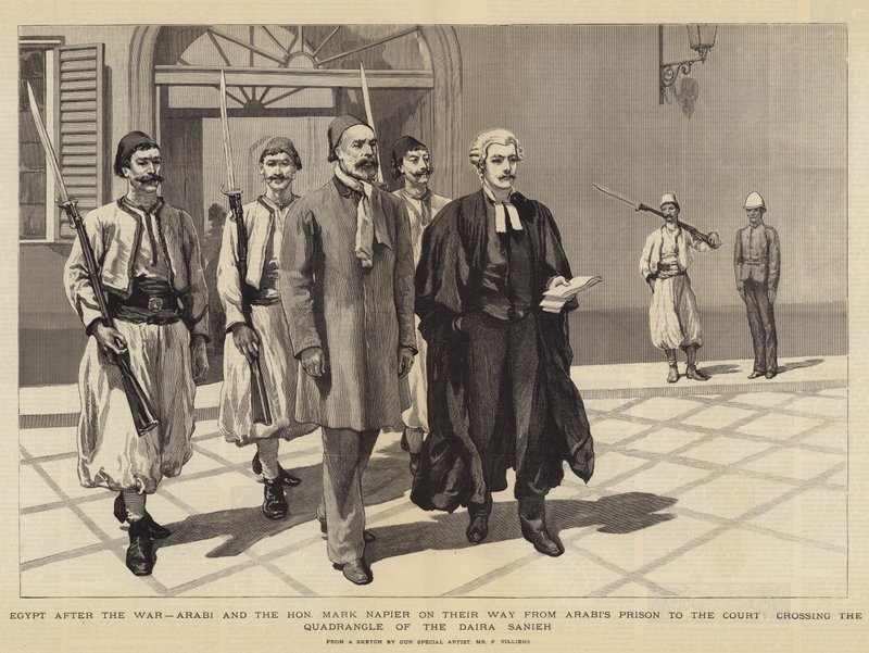Egipt po wojnie, Arabi i Czcigodny Marek Napier w drodze z więzienia Arabi na dwór, przekraczając czworobok Dairy Sanieh autorstwa Frederic Villiers