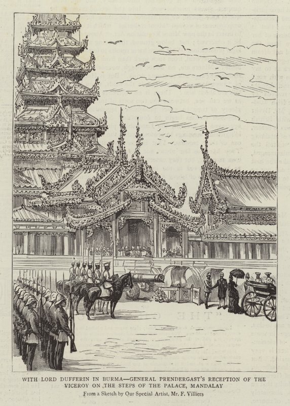 Z lordem Dufferinem w Birmie, przyjęcie wicekróla przez generała Prendergasta na schodach pałacu, Mandalay autorstwa Frederic Villiers