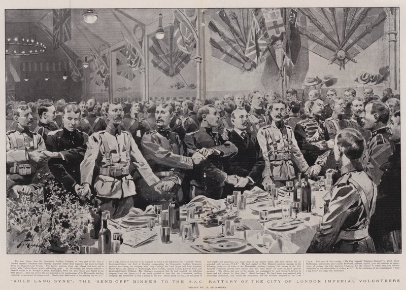 Auld Lang Syne, kolacja pożegnalna dla Baterii HAC Ochotników Imperialnych Miasta Londynu autorstwa Frederic de Haenen