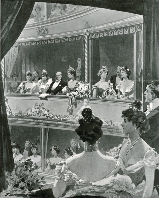 Król Edward VII z rodziną w Covent Garden autorstwa Frederic de Haenen