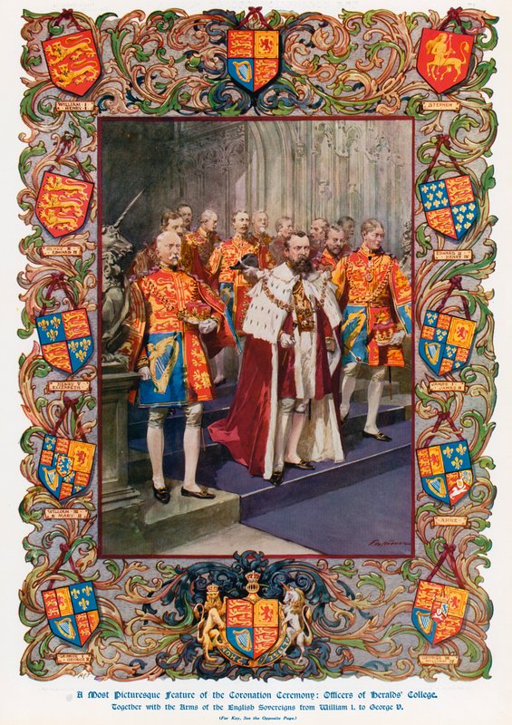 Oficerowie z Heralds’ College, wraz z herbami angielskich suwerenów od króla Wilhelma I do króla Jerzego V (kolor lito) autorstwa Frederic de Haenen