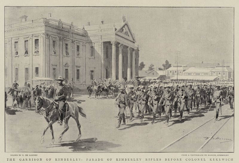 Garnizon Kimberley, Parada Strzelców Kimberley przed pułkownikiem Kekewich. autorstwa Frederic de Haenen
