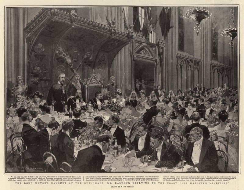 Bankiet Lorda Burmistrza w Guildhall, Mr Balfour odtwarzający Toast, Ministrowie Jego Królewskiej Mości autorstwa Frederic de Haenen