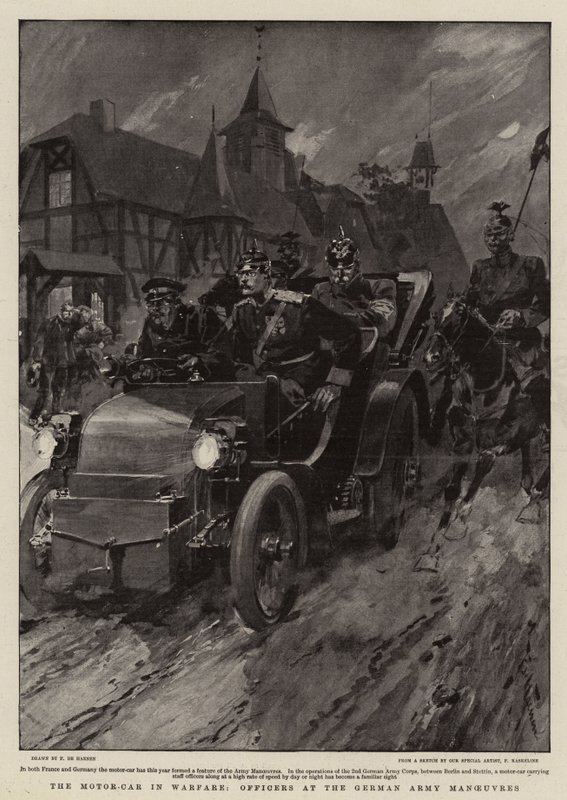 Samochód motorowy w wojnie, oficerowie na manewrach armii niemieckiej autorstwa Frederic de Haenen