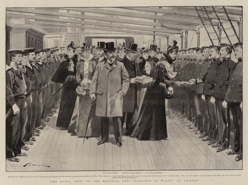 Królewska wizyta na statku szpitalnym Princess of Wales w Tilbury autorstwa Frederic de Haenen
