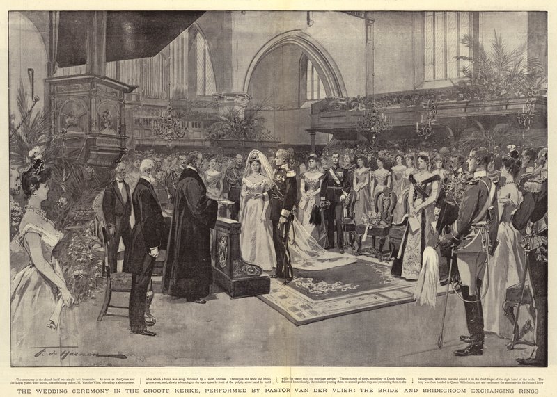 Ceremonia ślubna w Groote Kerke w wykonaniu pastora Van der Vliera, panna młoda i pan młody wymieniają pierścienie autorstwa Frederic de Haenen