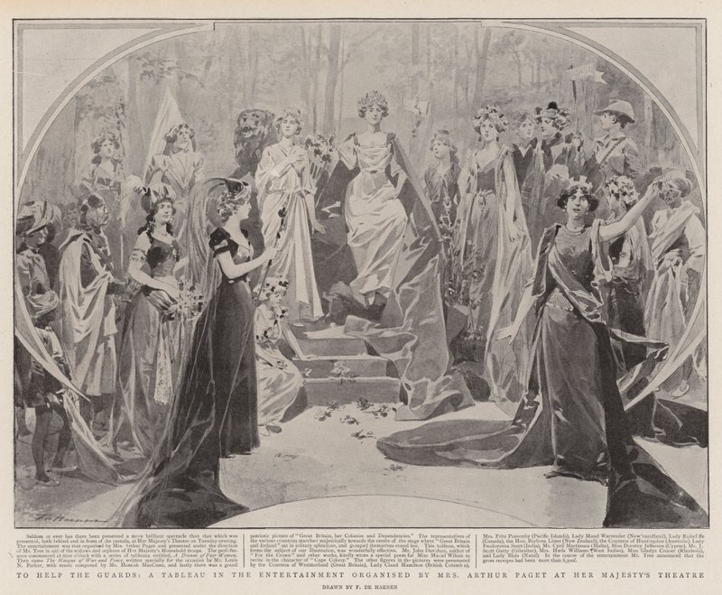 Aby pomóc strażnikom, Tableau in the Entertainment zorganizowana przez panią Arthur Paget w Teatrze Jej Królewskiej Mości autorstwa Frederic de Haenen
