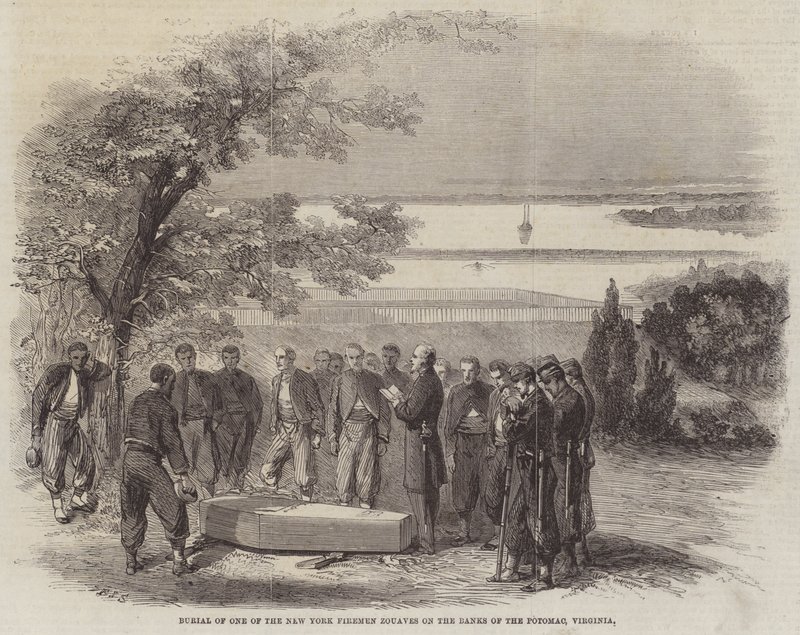 Pogrzeb jednego z nowojorskich strażaków Zouave na brzegach Potomaku w Wirginii autorstwa Frederick John Skill