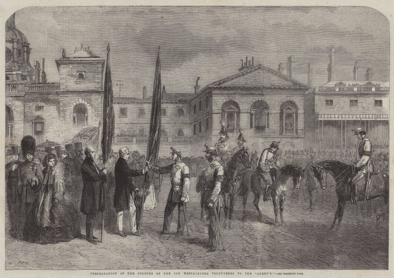 Prezentacja kolorów wolontariuszy Old Westminster dla królowej autorstwa Frederick John Skill