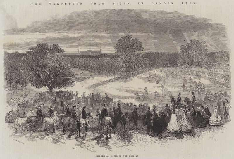 Ochotnicza walka pozorowana w Camden Park, Harcownicy osłaniający odwrót autorstwa Frederick John Skill