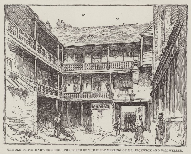 Old White Hart, Borough, scena pierwszego spotkania pana Pickwicka i Sama Wellera autorstwa Frederick George Kitton