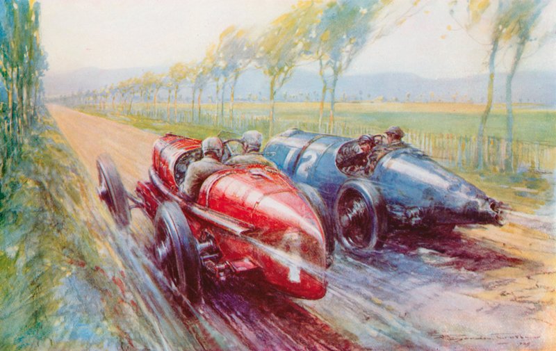 Felice Nazzaro wygrał Grand Prix 1922, prowadząc jeden z nowych i bardzo szybkich Fiatów (kolor lito) autorstwa Frederick Gordon (after) Crosby