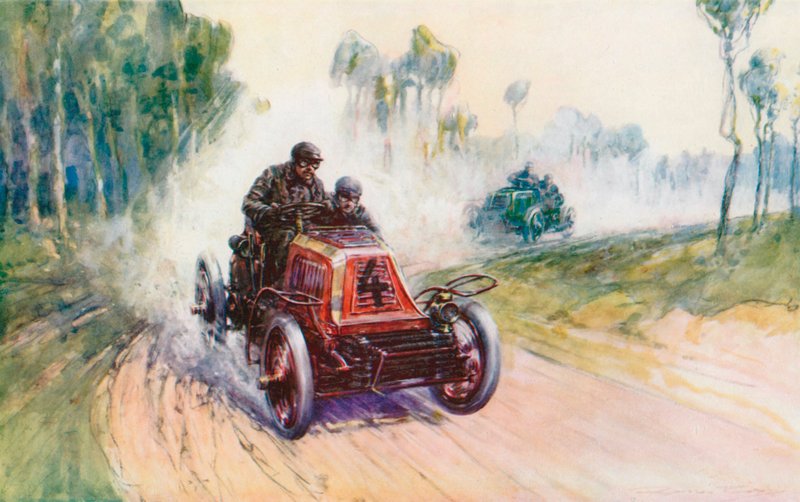 Fournier z Morsem nr 4 podczas wyścigu Paryż-Berlin w 1901 roku, jeden z nielicznych, w których pokonał czołową markę tego dnia Panhard (kolor litho) autorstwa Frederick Gordon (after) Crosby